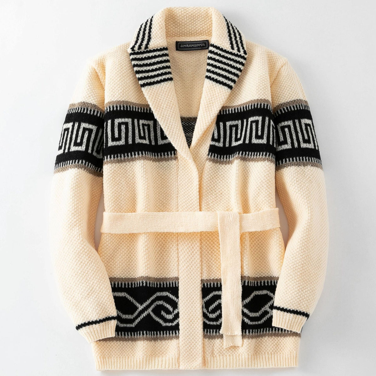 Damen Modische Strickjacke mit Gürtel und geometrischem Muster ModeGeist