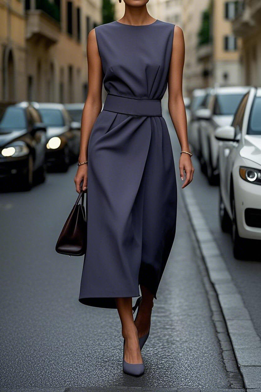 Damen gehobenes Maxi-Kleid mit elegantem Taillengürtel und fließendem Schnitt ModeGeist