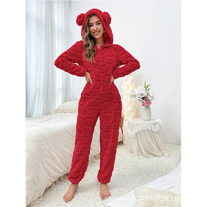 Damen Gemütlicher Fleece-Overall mit Kapuze ModeGeist