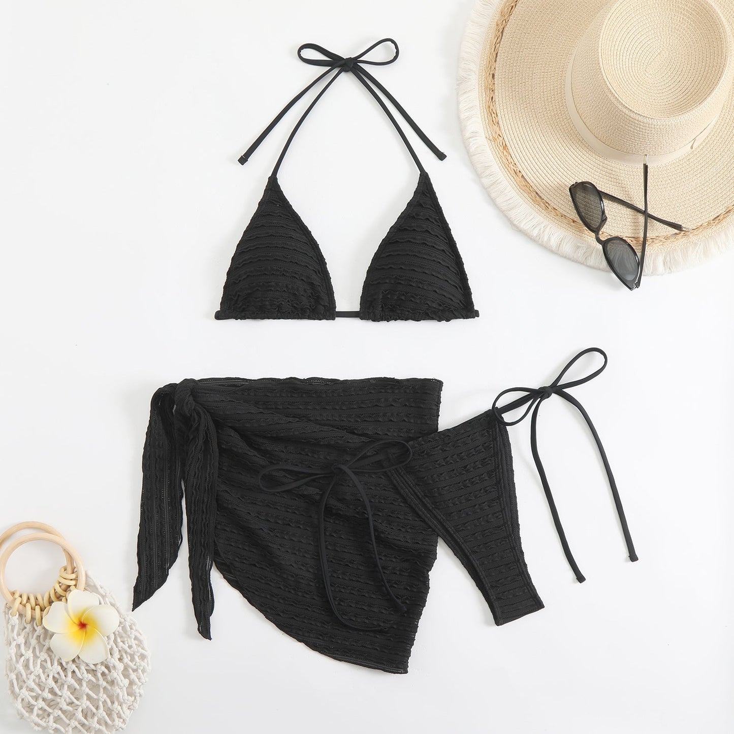 Modischer Damen-Bikini-Dreiteiler mit Rüschen und verstellbaren Trägern