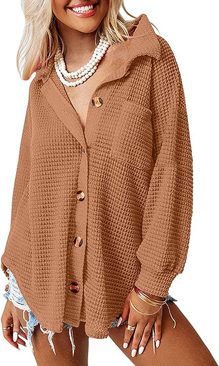 Damen lässige Waffle-Hemdenjacke mit Knopfverschluss ModeGeist