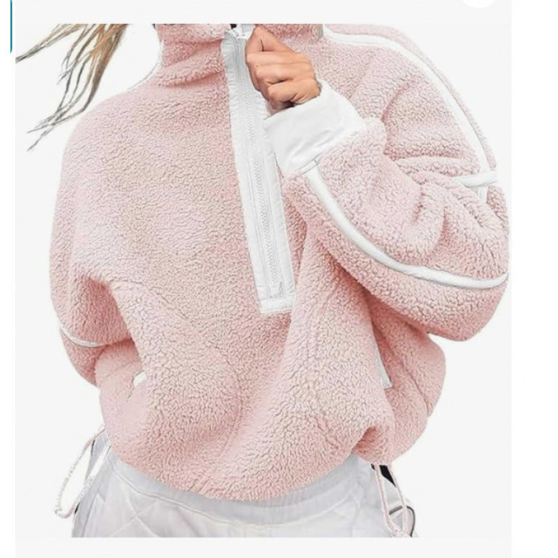 Damen Fleecpullover mit halbem Reißverschluss und kontrastierenden Ärmeln ModeGeist