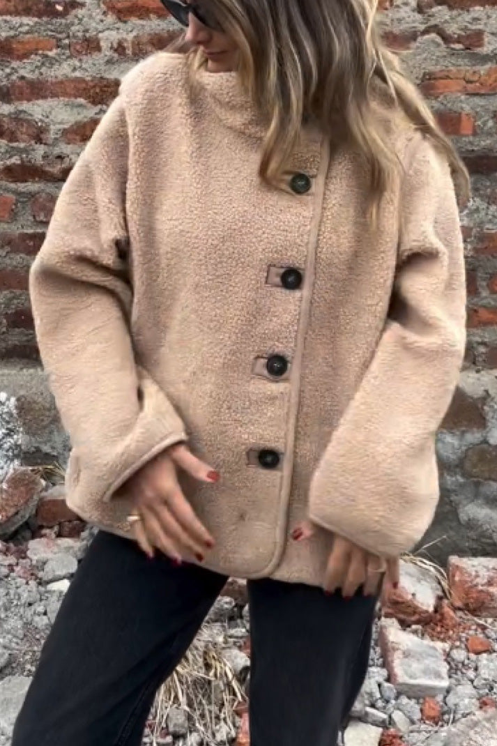 ModeGeist | Unregelmäßige Knopfhals Hohe Kragen Fleecejacke