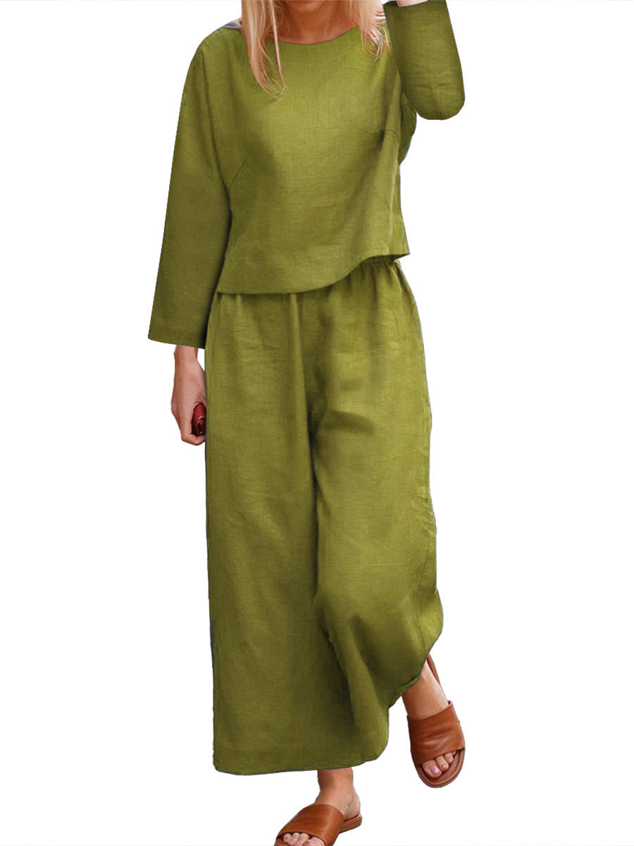 Damen lässiges Leinen-Langarm-Set mit weiten Hosen ModeGeist