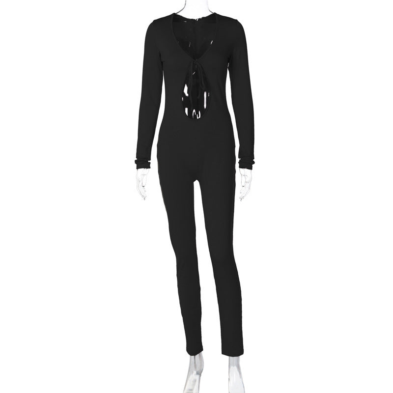 Modern, form-fitting jumpsuit with innovative cut-out design and long sleeves