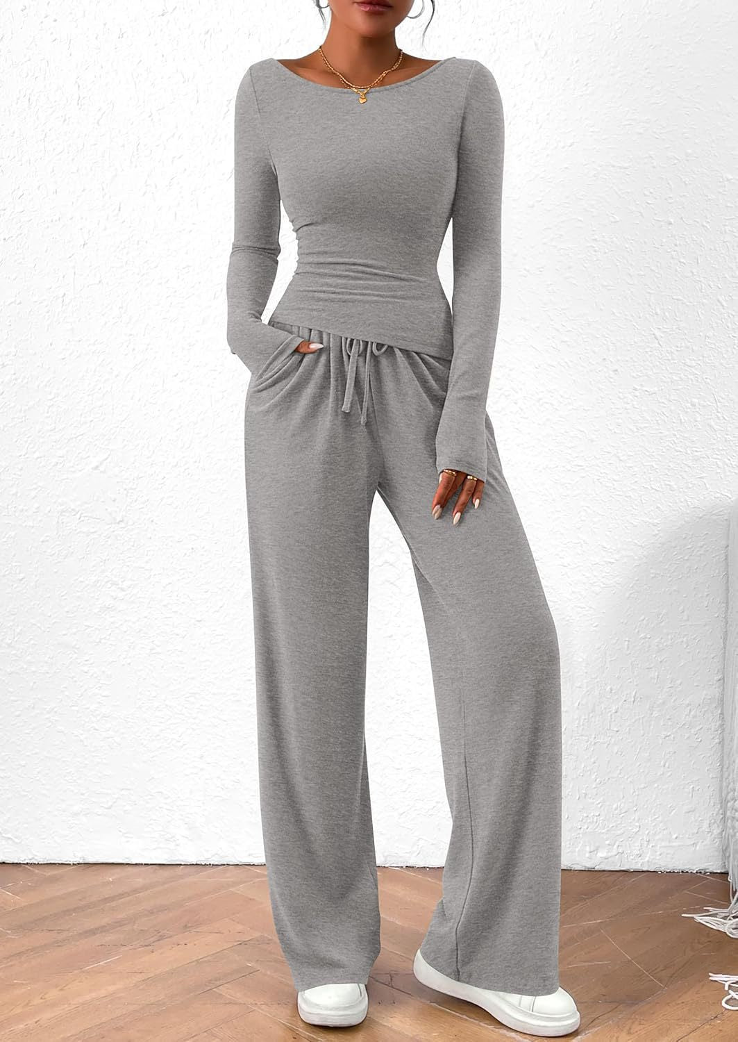 Damen elegantes und bequemes Lounge-Set mit langem Arm und elastischem Bund ModeGeist