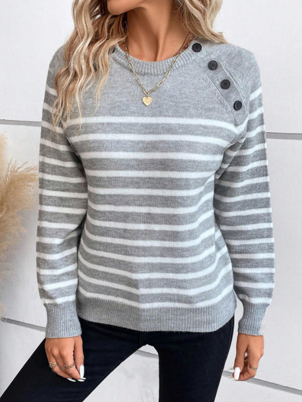 Damen gestreifter Pullover mit dekorativen Knopfdetails und Rundhalsausschnitt ModeGeist