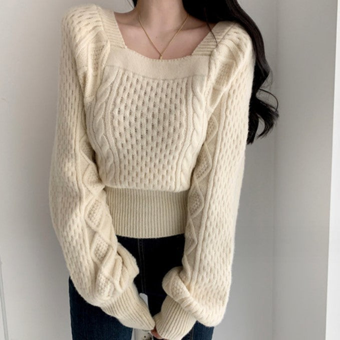 Damen Grobstrickpullover mit modernen Zopfdetails und quadratischem Ausschnitt ModeGeist