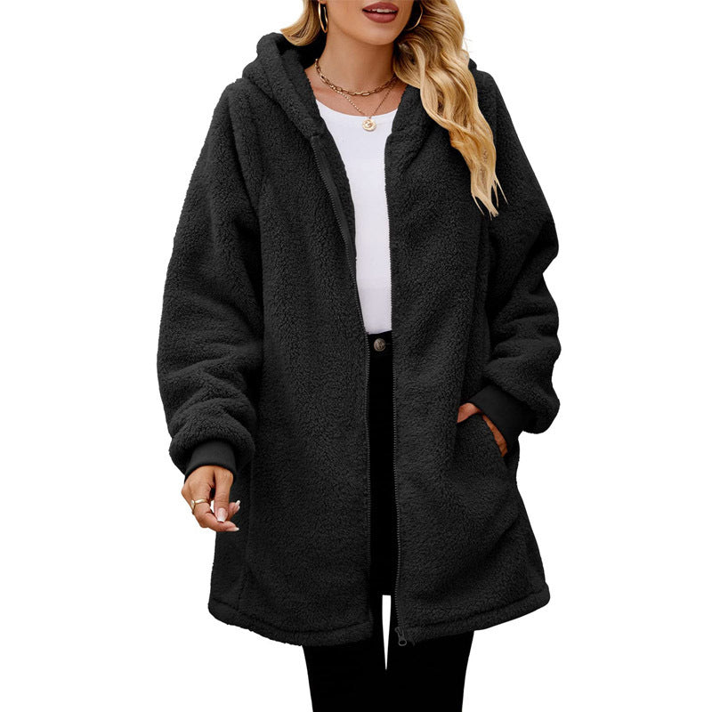 Damen kuschelige Fleecejacke mit Kapuze und seitlichen Eingrifftaschen ModeGeist