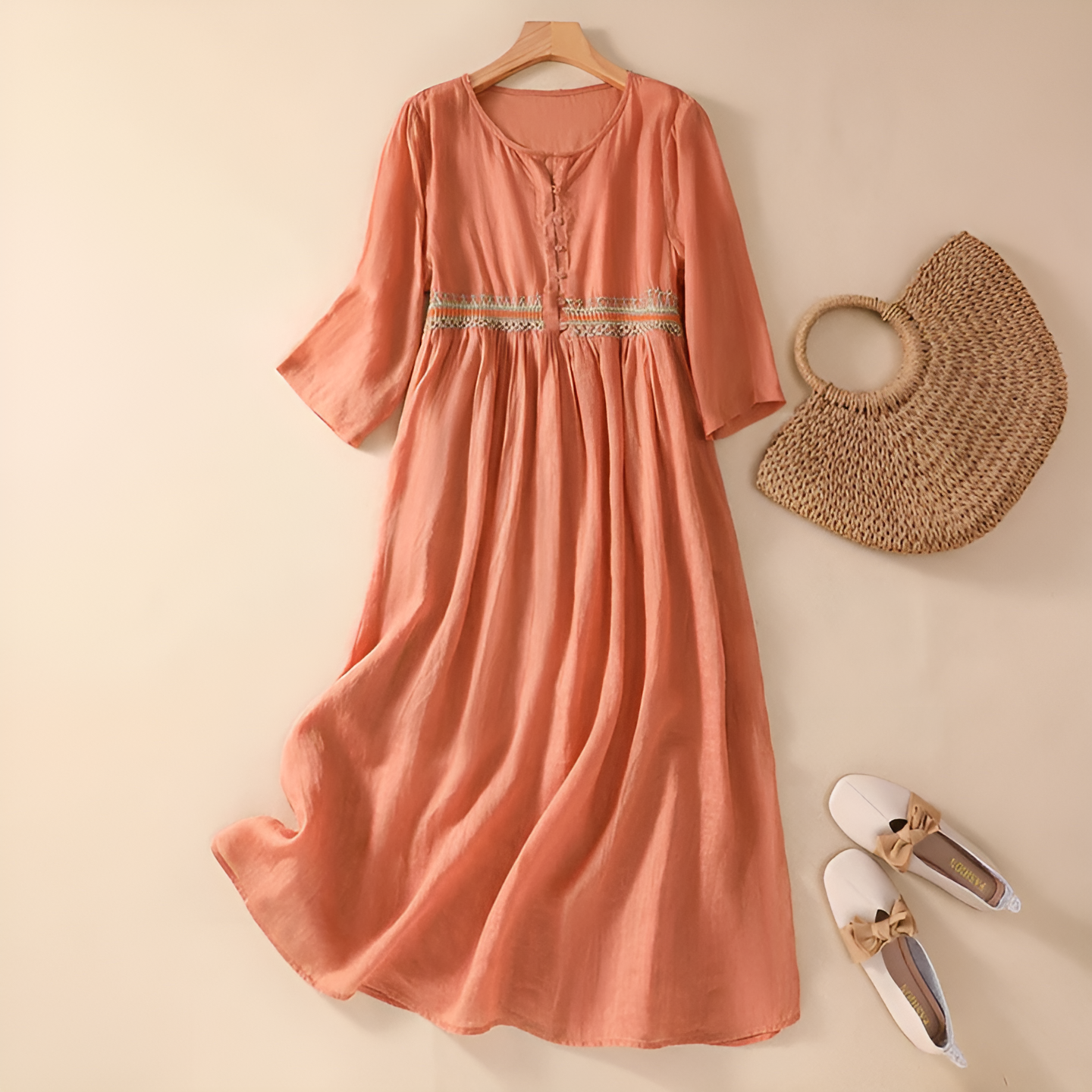 MODEGEIST Damen Midi-Kleid bestickt fließend verstellbare Träger Casual