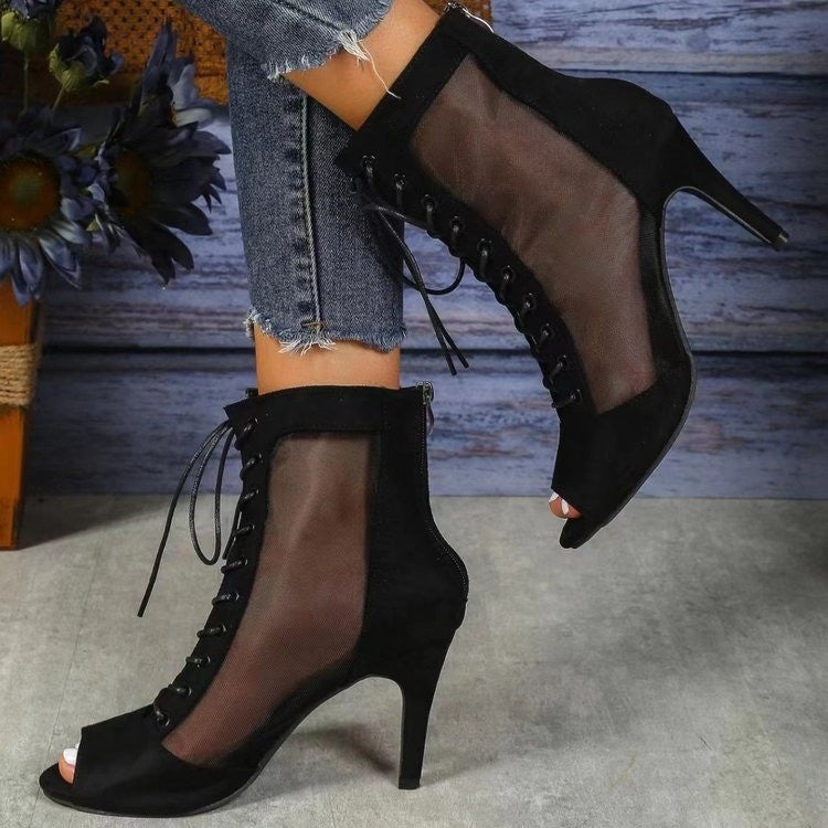 Damen Halboffene High Heel Stiefel mit transparentem Seiteneinsatz und Schnürung ModeGeist