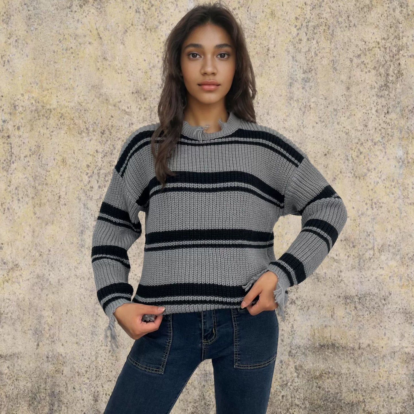 ModeGeist | Pullover Pullover Übergröße Fit Gestrickte Wolle Kontraststreifen Fransen Saum