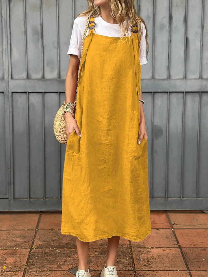 Damen lässiges Leinen-Trägerkleid mit praktischen Taschen ModeGeist