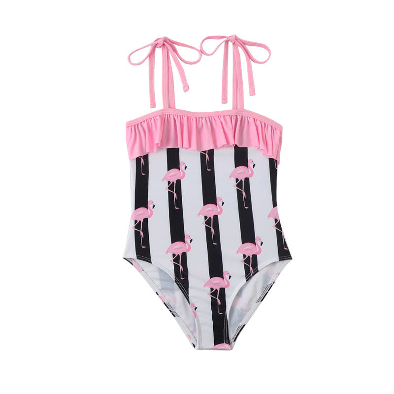 Modischer Damen-Badeanzug mit Rüschen und auffälligem Flamingoprint