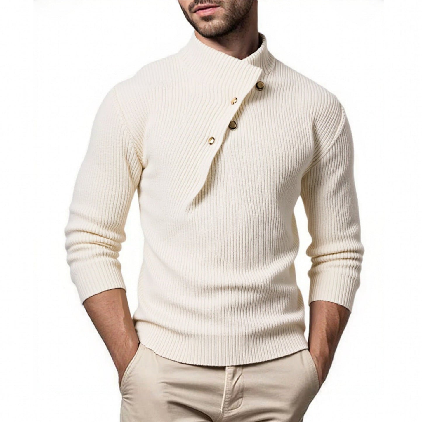 Herren modischer Strickpullover mit Stehkragen und asymmetrischer Knopfleiste ModeGeist