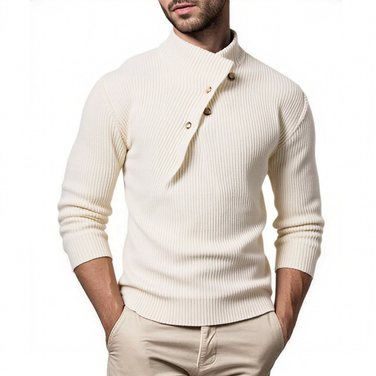 Herren modischer Strickpullover mit Stehkragen und asymmetrischer Knopfleiste ModeGeist
