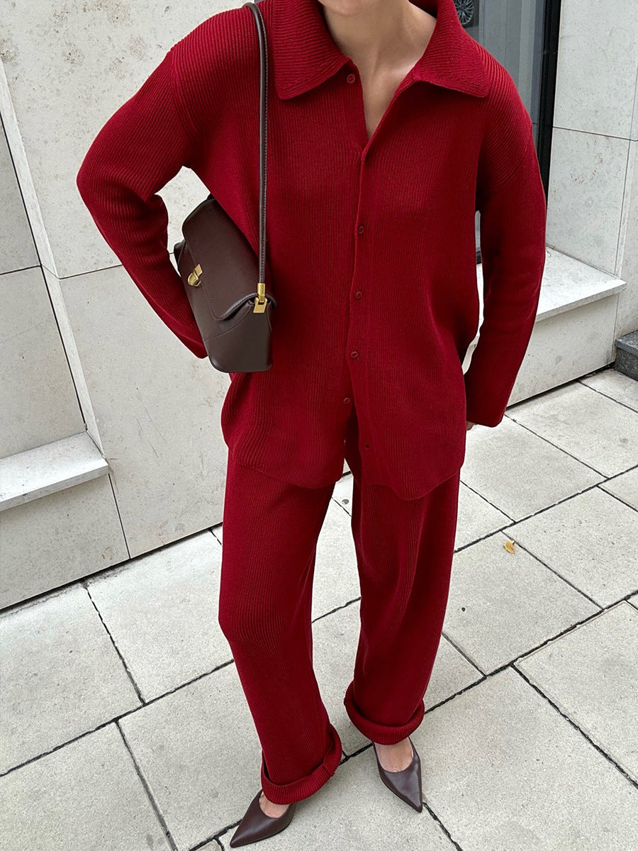 ModeGeist | Einreihige Gerippte Strickjacke und Lockere Hosen Satz