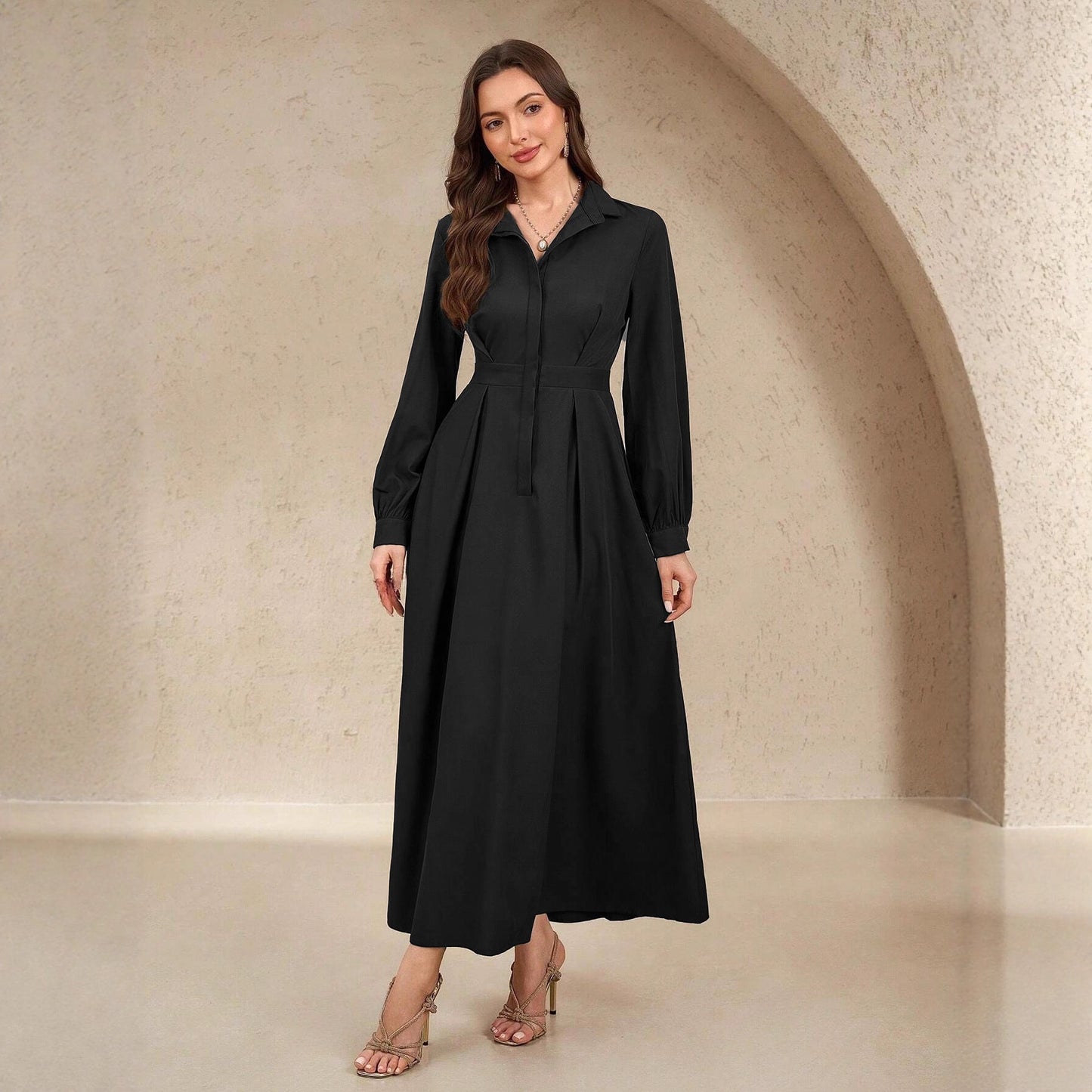 Damen Elegantes Hemdblusenkleid mit schwingendem Rock und praktischen Taschen ModeGeist