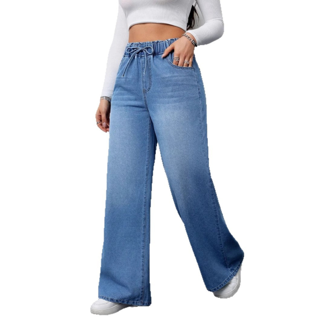 Damen Hochtaillierte Weite Jeans mit bequemem Kordelzug ModeGeist