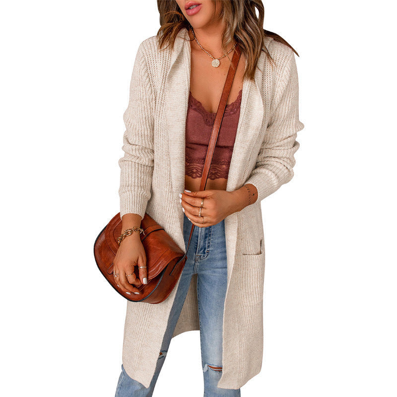 Damen lange Strickjacke mit offenen Kanten und Taschen ModeGeist