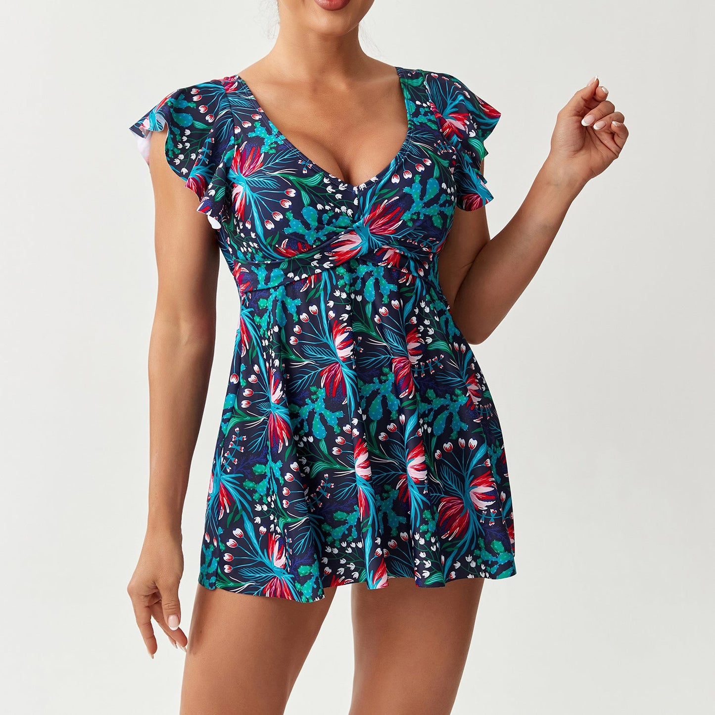 Modisches Damen-Badekleid mit weiten Rüschenärmeln und Blumenmuster