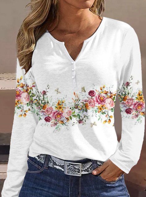 Damen Langarmshirt mit floralem Motiv und Knopfdetails ModeGeist