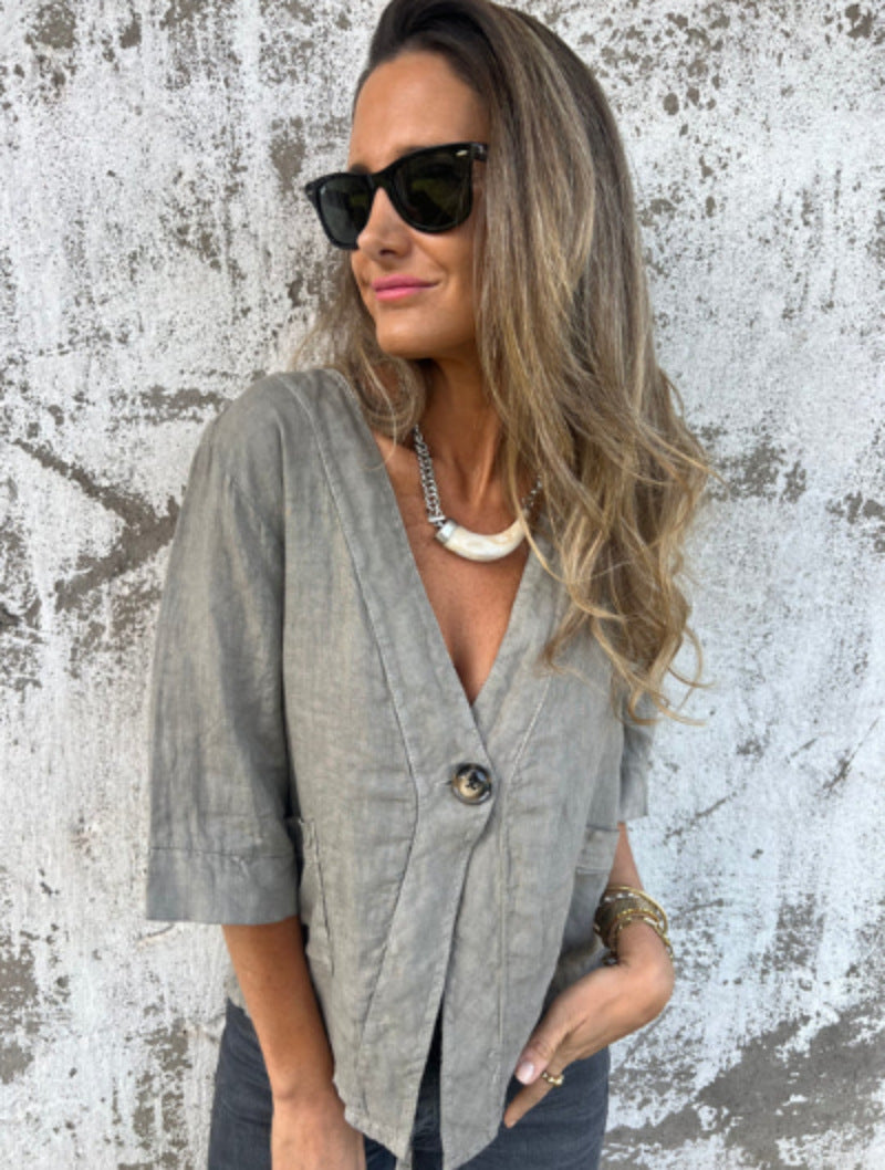 Damen Leichtes Leinenblazer mit kurzer Arm ModeGeist