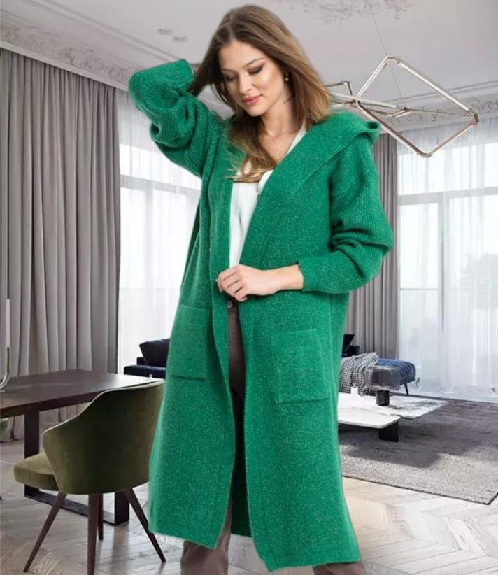 Damen Strickmantel mit Kapuze und großen Taschen ModeGeist