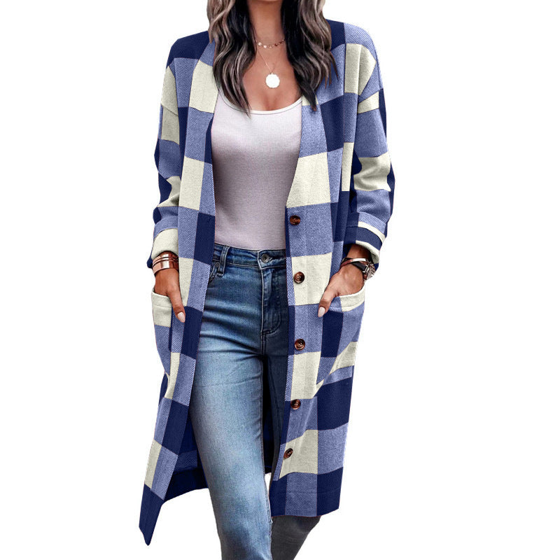 Damen Längerer Karokartenjacke mit Taschen ModeGeist