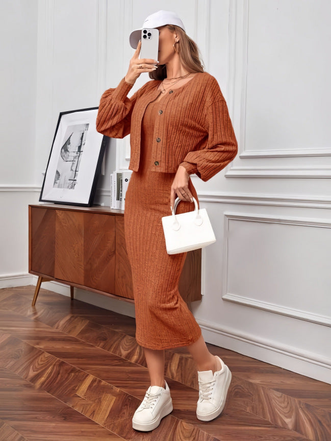 Damen Strick-Outfit mit Knopfleiste und Bündchen ModeGeist