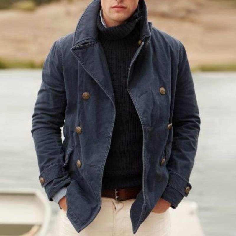 Herren Winddichte Fischerjacke mit doppelter Knopfleiste und hohem Kragen ModeGeist