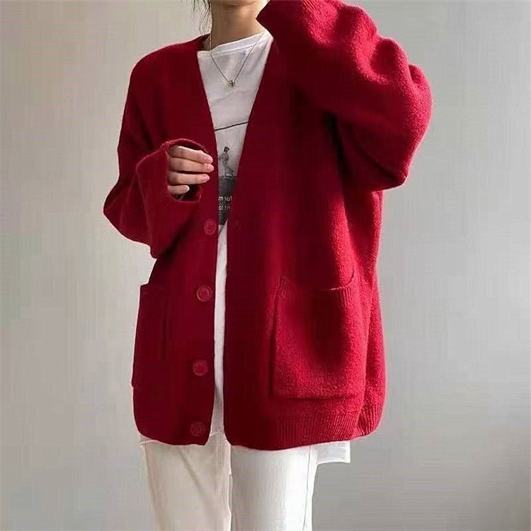 Damen Grob gestrickter Cardigan mit Taschen und V-Ausschnitt ModeGeist