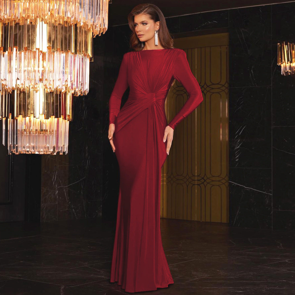 Damen Elegantes Langarm-Maxikleid mit Raffungen ModeGeist
