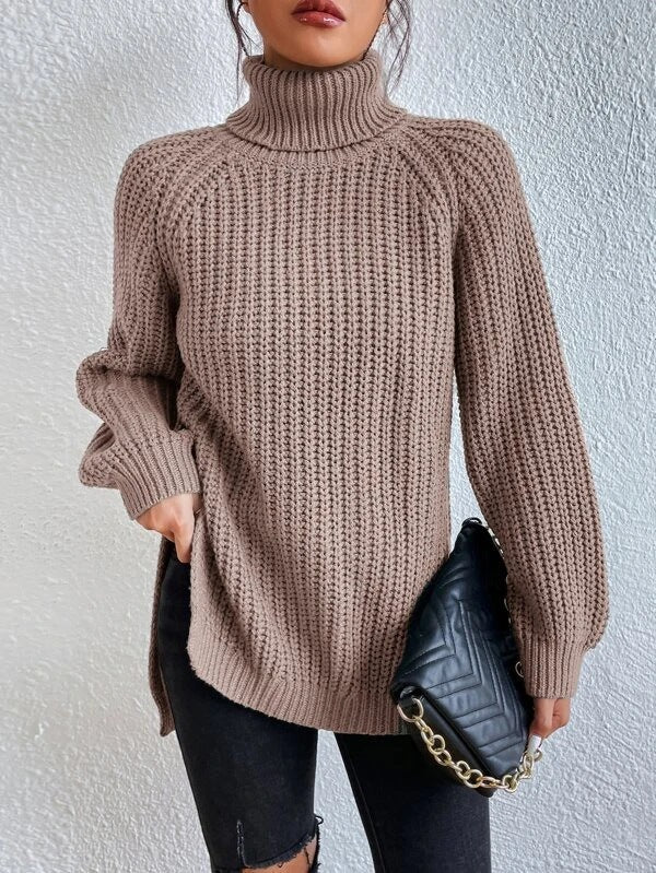 ModeGeist | Full Größe Turtle Ribbed Knit Schlitzpullover