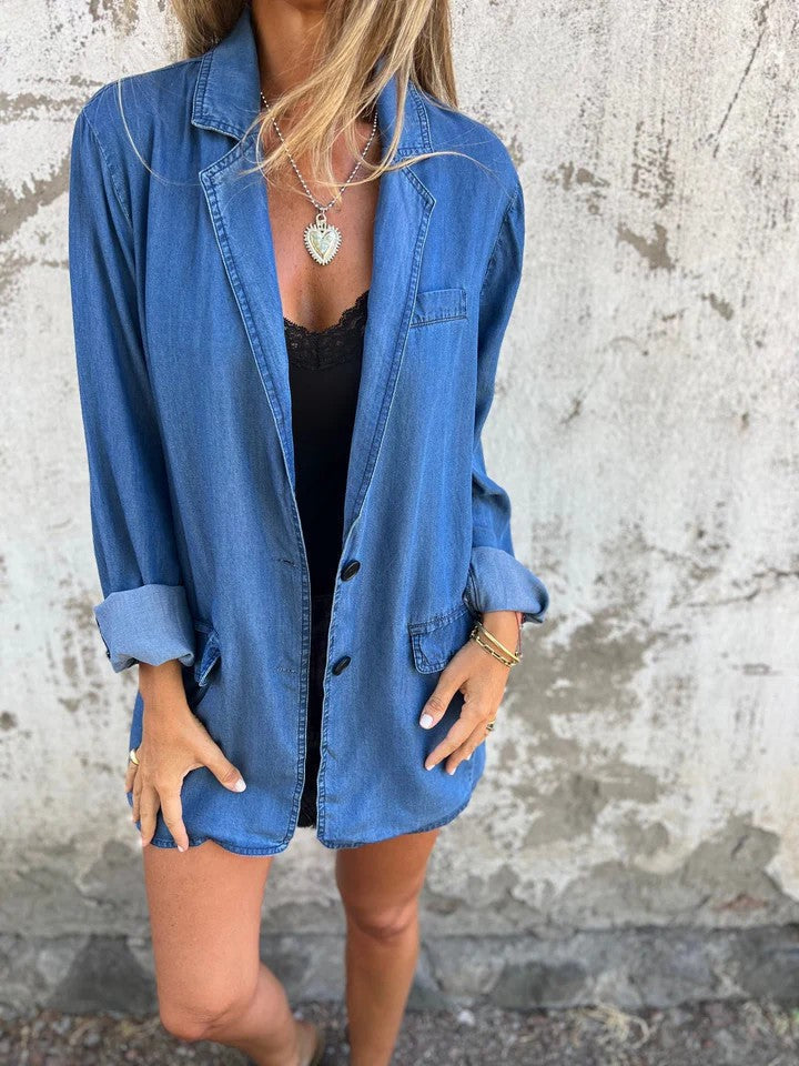 ModeGeist | Reversanzugkragen Denim Mid Length Jacke