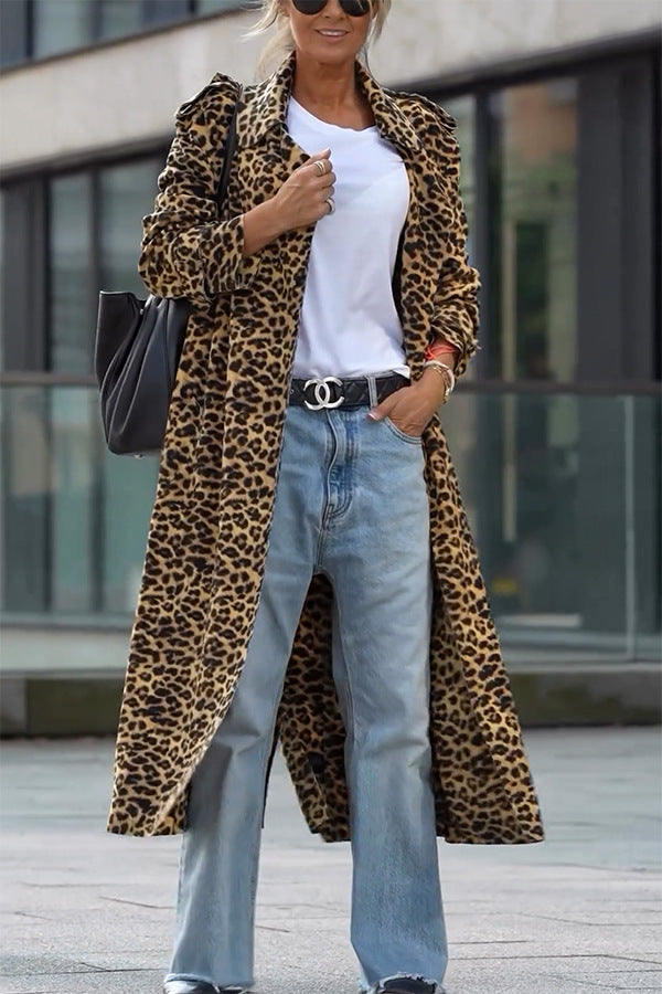 ModeGeist | Leoparden Revers Lockerer Langer Trenchcoat