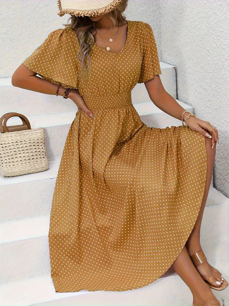 Modisches Damen-Maxikleid mit weitem Rock und V-Ausschnitt