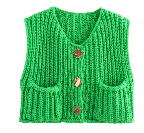 Damen modische Strickweste mit Knopfdetails und aufgesetzten Taschen ModeGeist