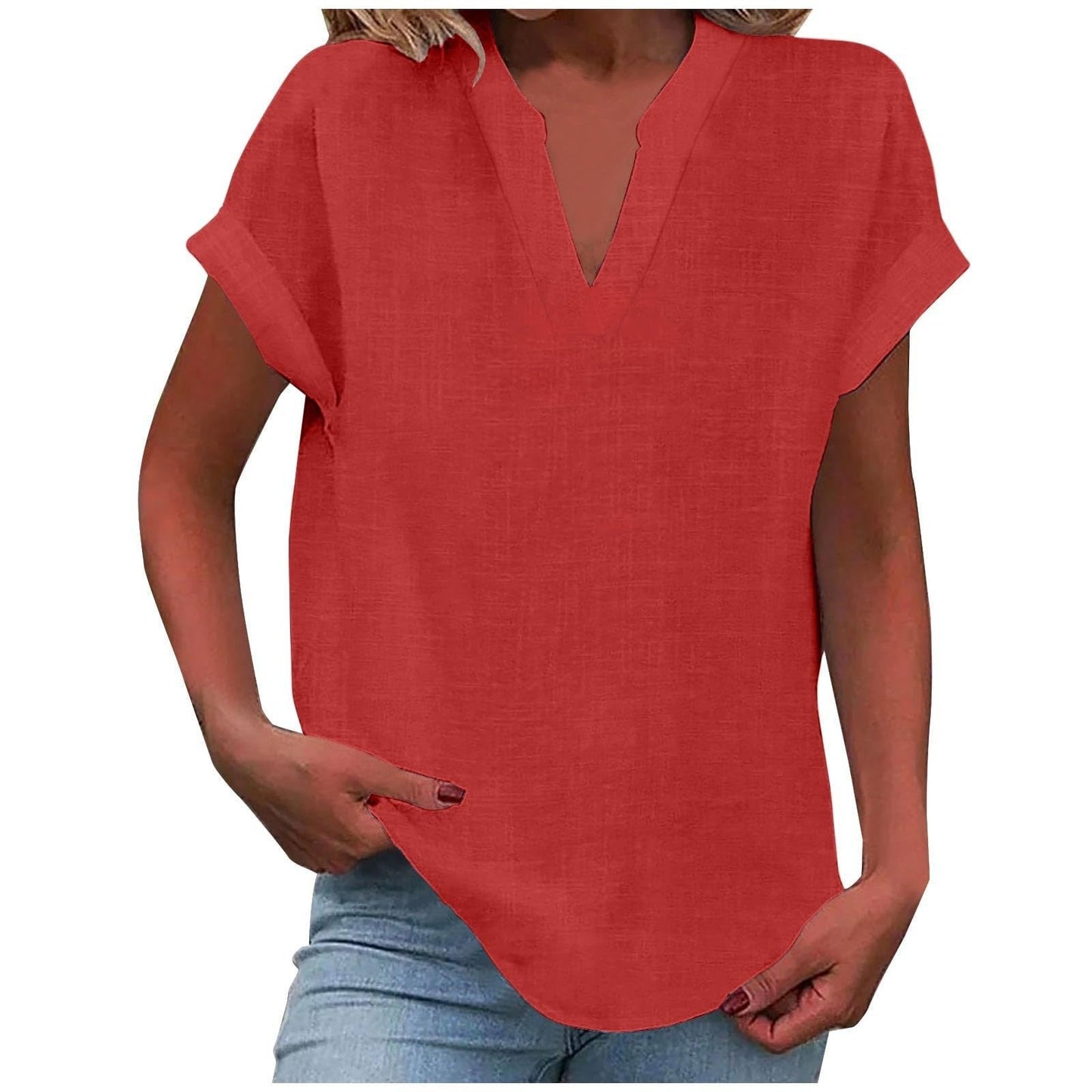 MODEGEIST Damen V-Ausschnitt Bluse Relaxed Fit Leichter Stoff Weiß