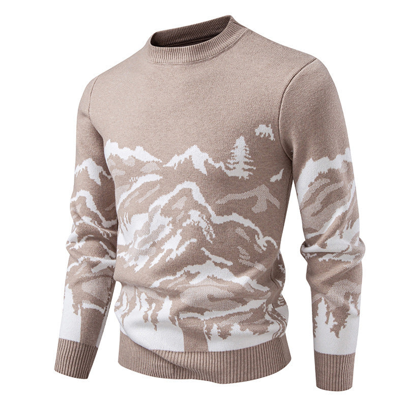 Herren Strickpullover mit Bergmotiv und hohem Kragen ModeGeist