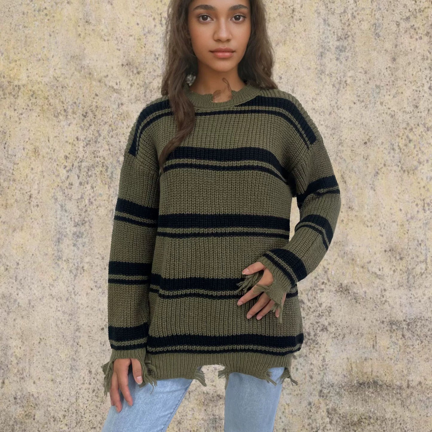 ModeGeist | Pullover Pullover Übergröße Fit Gestrickte Wolle Kontraststreifen Fransen Saum