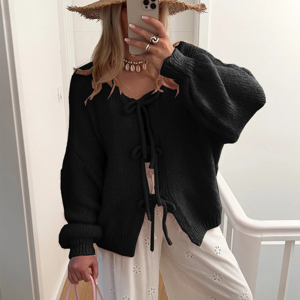 Damen Kuscheliger Strickcardigan mit dekorativen Bindebändern ModeGeist