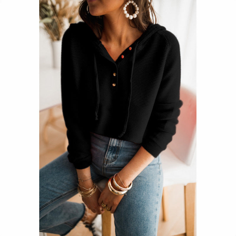Damen lässiger Kapuzenpullover mit Knopfleiste und hohem Kragen ModeGeist
