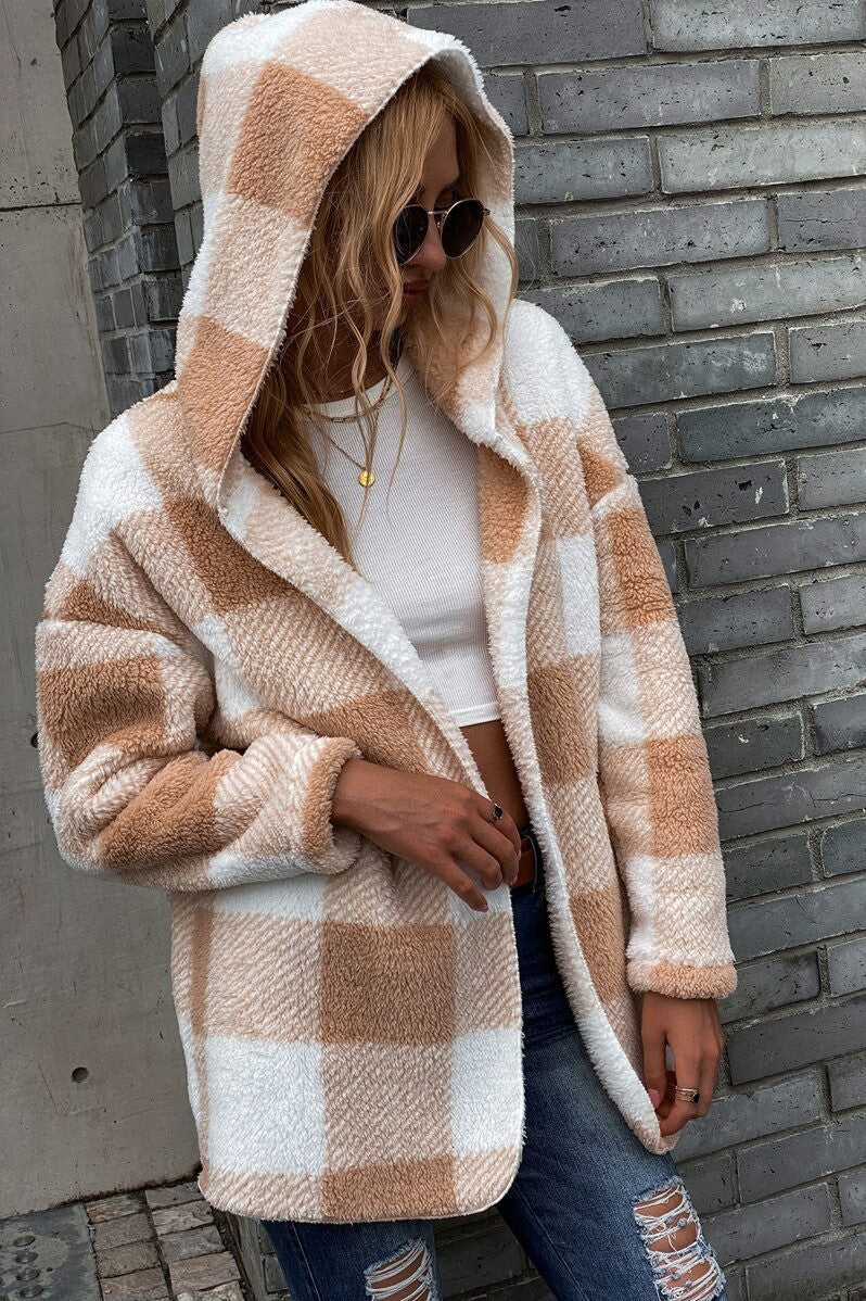 ModeGeist | Lamm Lockerer Kapuzen Plaid Strickjacke Jacke