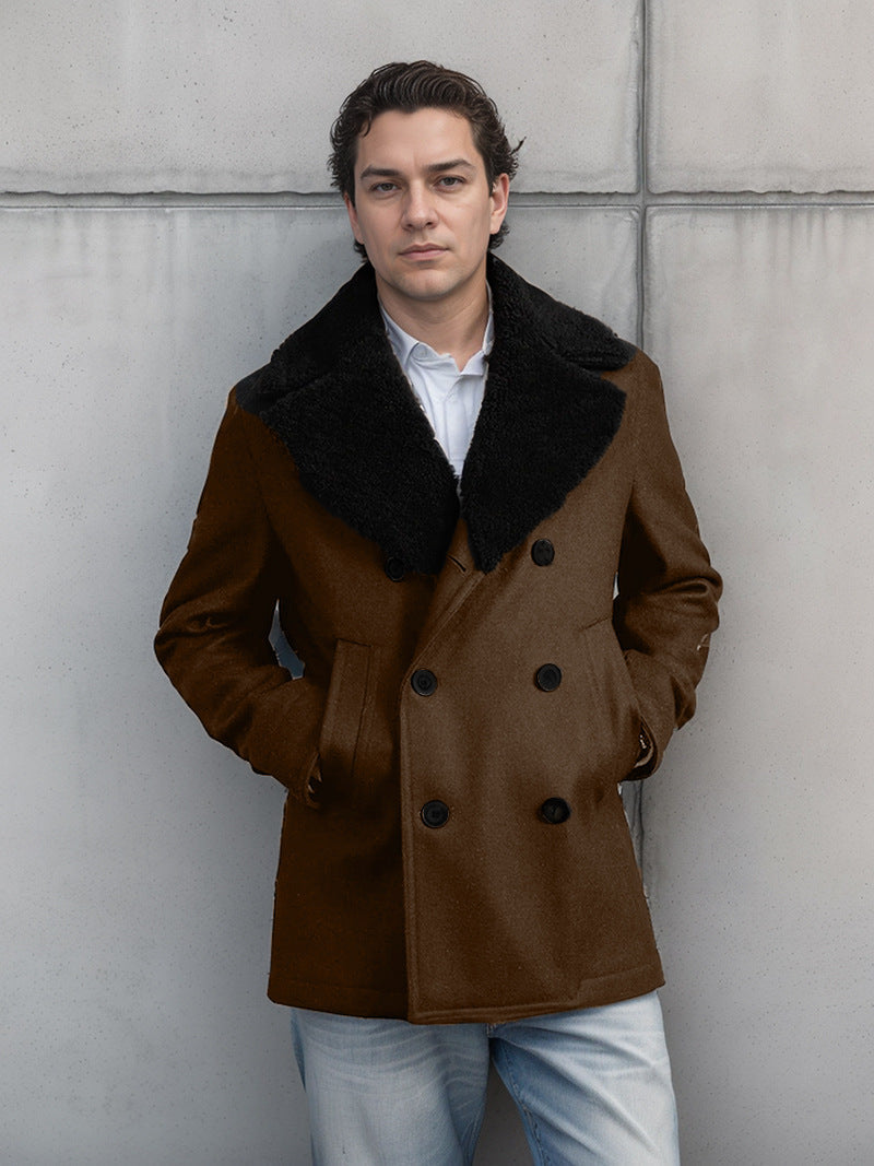 Herren elegante Wolle-Mantel mit hochgeschlossenem Fellkragen ModeGeist