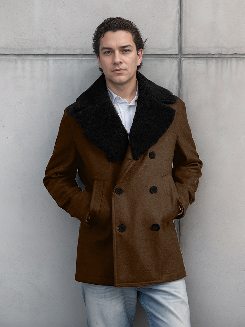 Herren elegante Wolle-Mantel mit hochgeschlossenem Fellkragen ModeGeist