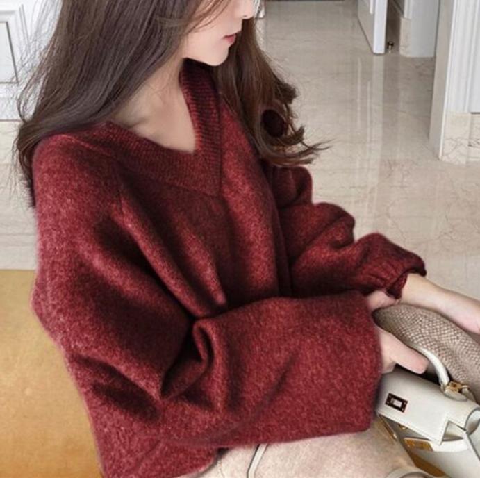 Damen Grobstrickpullover mit tiefem V-Ausschnitt und voluminösen Ärmeln ModeGeist