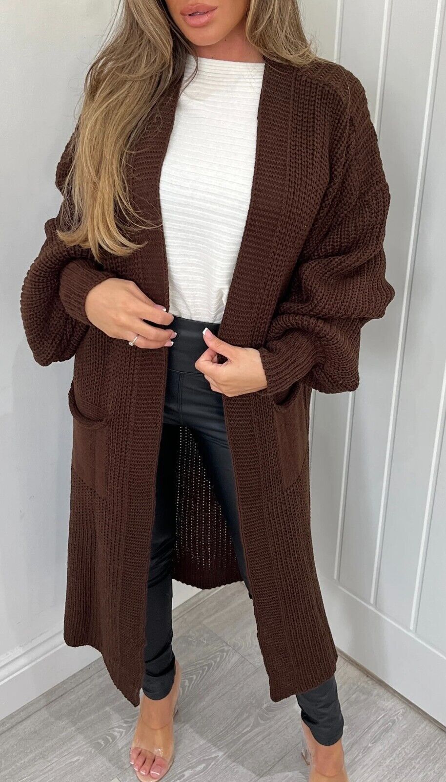 Damen Langer Strickmantel mit großzügigen Taschen ModeGeist