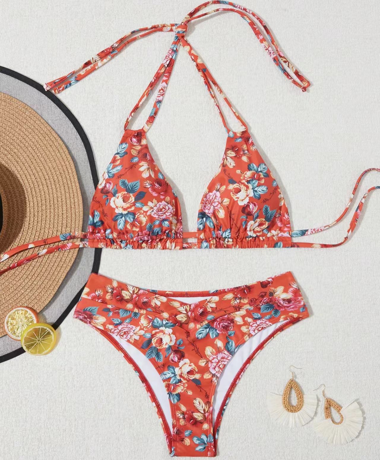 Womens Triangle Bikini with Playful Floral Design and Adjustable Straps MODEGEIST