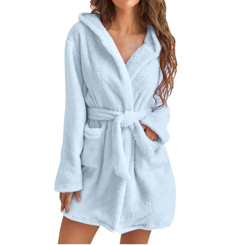 Modische Damen-Fleece-Bademäntel mit Kapuze und Taschen